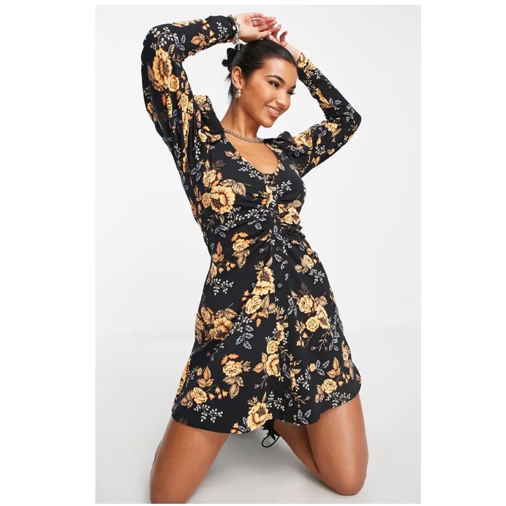 NWT ASOS Design Floral Long Sleeve Stretch Cotton Ruched Jersey Dress 4